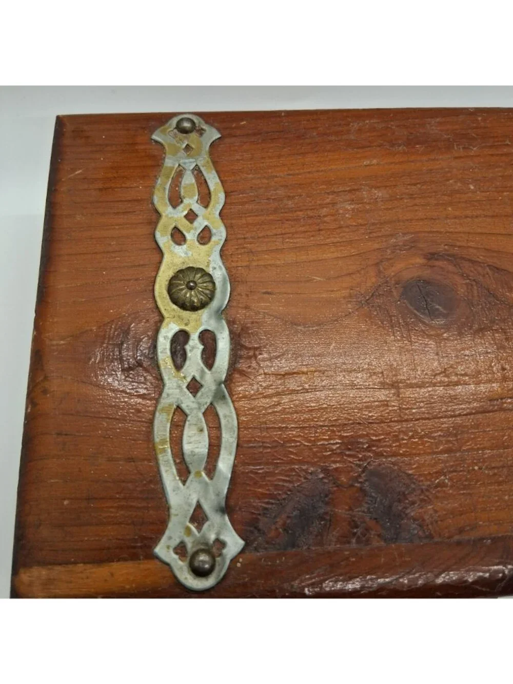 Vintage Wooden Jewelry Cigar Box Brass Accents Ornate Latch Rustic Storage Chest